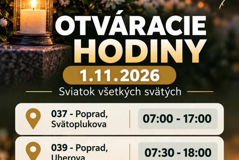 Novinky / Otváracie hodiny - Sviatok všetkých svätých - 1.11.2026 - foto