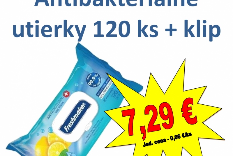 Akcie / Utierky antibakteriálne utierky 120 ks + klip - foto