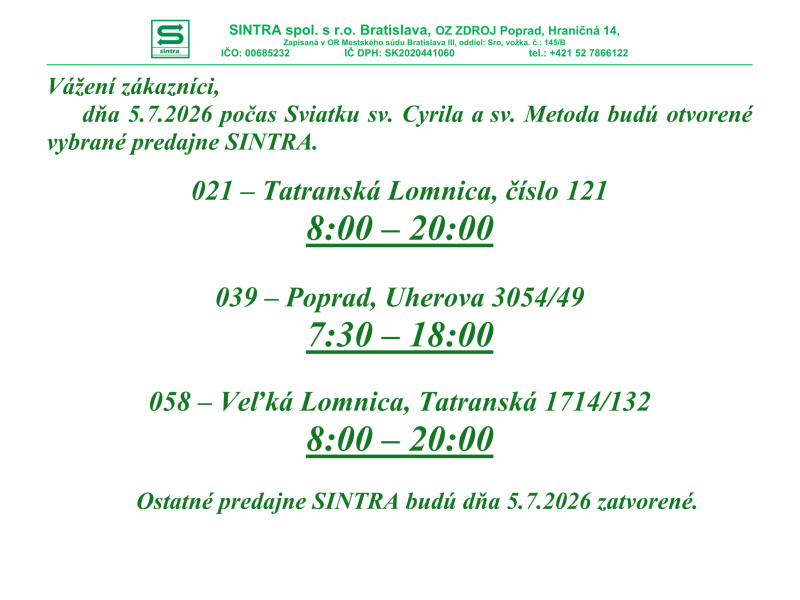 Otváracie hodiny - Sviatok sv. Cyrila a sv. Metoda - 5.7.2026