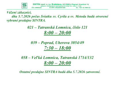 Otváracie hodiny - Sviatok sv. Cyrila a sv. Metoda - 5.7.2026